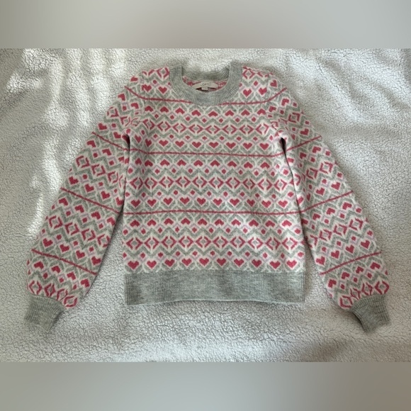 LOFT Size XS Sweater. Gray. Pink. White. With Hearts - Picture 1 of 3